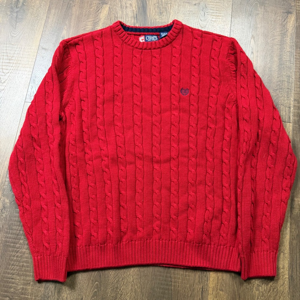 Vintage 90s Chaps Ralph Lauren Men's L Red Cable Knit Fisherman Sweater Preppy